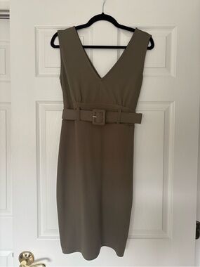 Bar III Olive Green V-Neck Belted Midi Dress